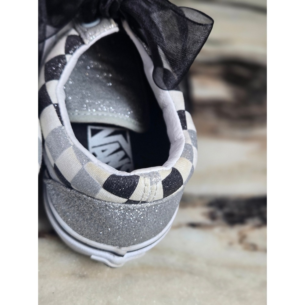Vans Old Skool Checkerboard Silver Glitter Ribbon Lace Sneakers Womens 8 - Picture 7 of 8